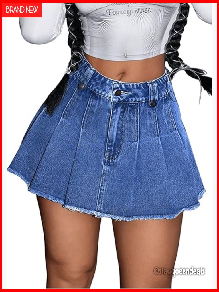 Women's Zipper Fly Pleated Mini Denim Skirt Raw Hem High Waisted A-Line